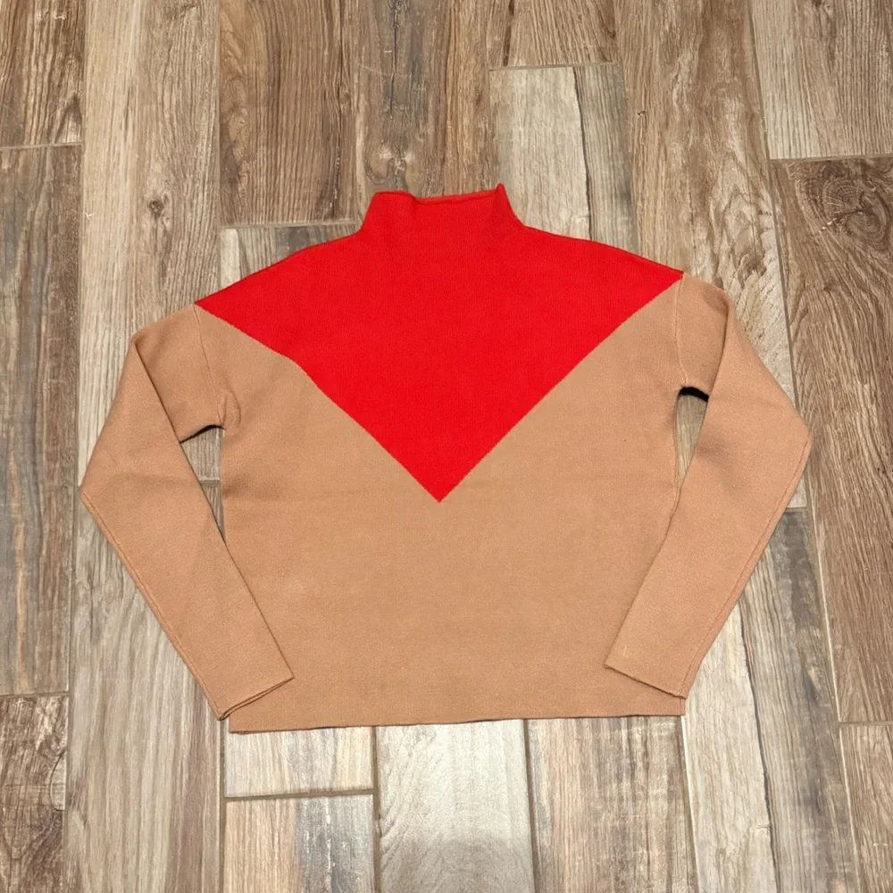 Cyrus Red & Tan Colorblock Mock Neck Sweater - Picture 1 of 4